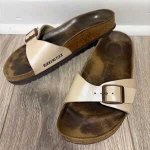 Birkenstock Beige Single Strap Slide Sandals with Buckle